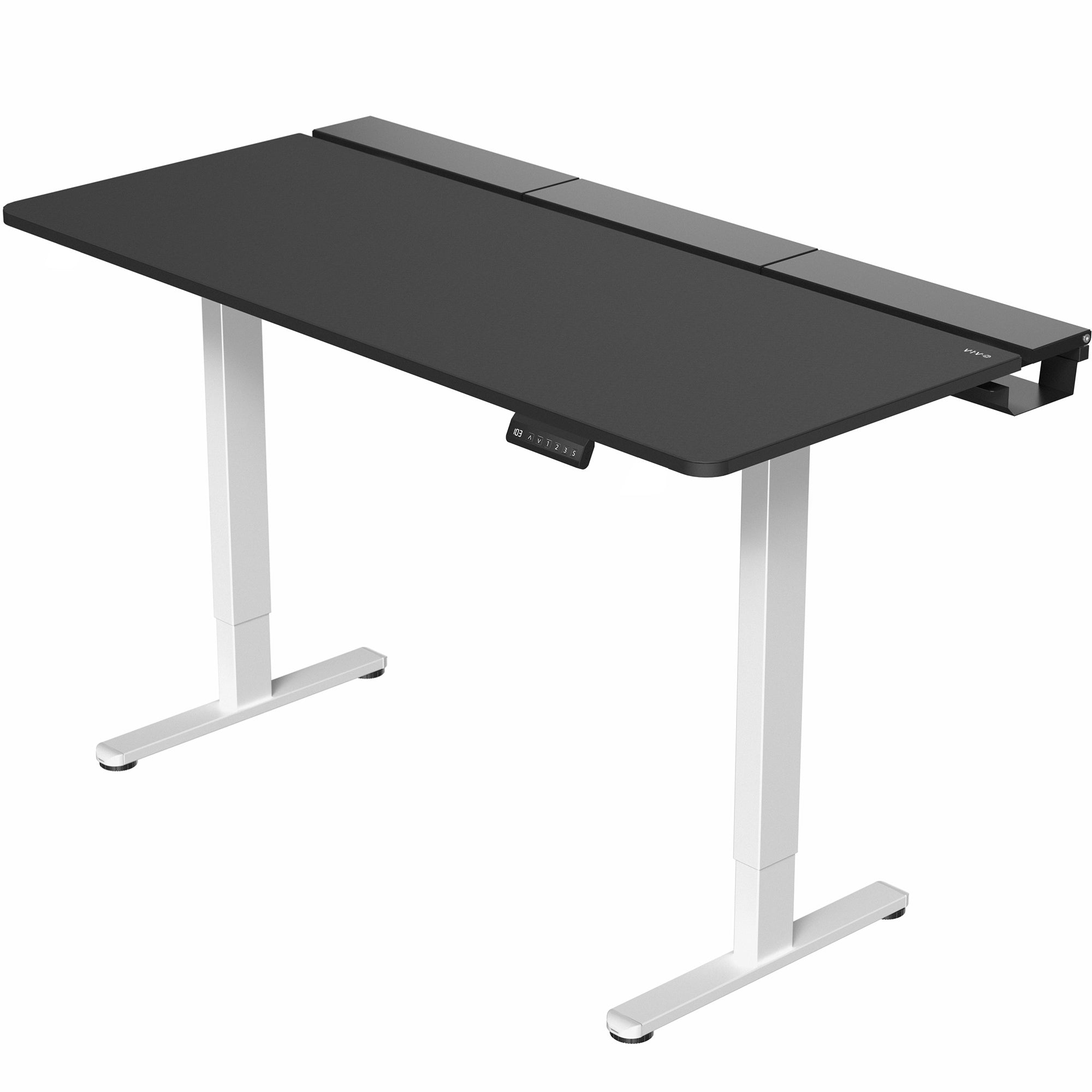 Dual motor electric desk with concealed cable management/storage trays and a full-sized desk pad, featuring memory controller height adjustment with memory settings.