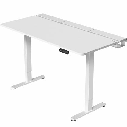 Dual motor electric desk with concealed cable management/storage trays and a full-sized desk pad, featuring memory controller height adjustment with memory settings.