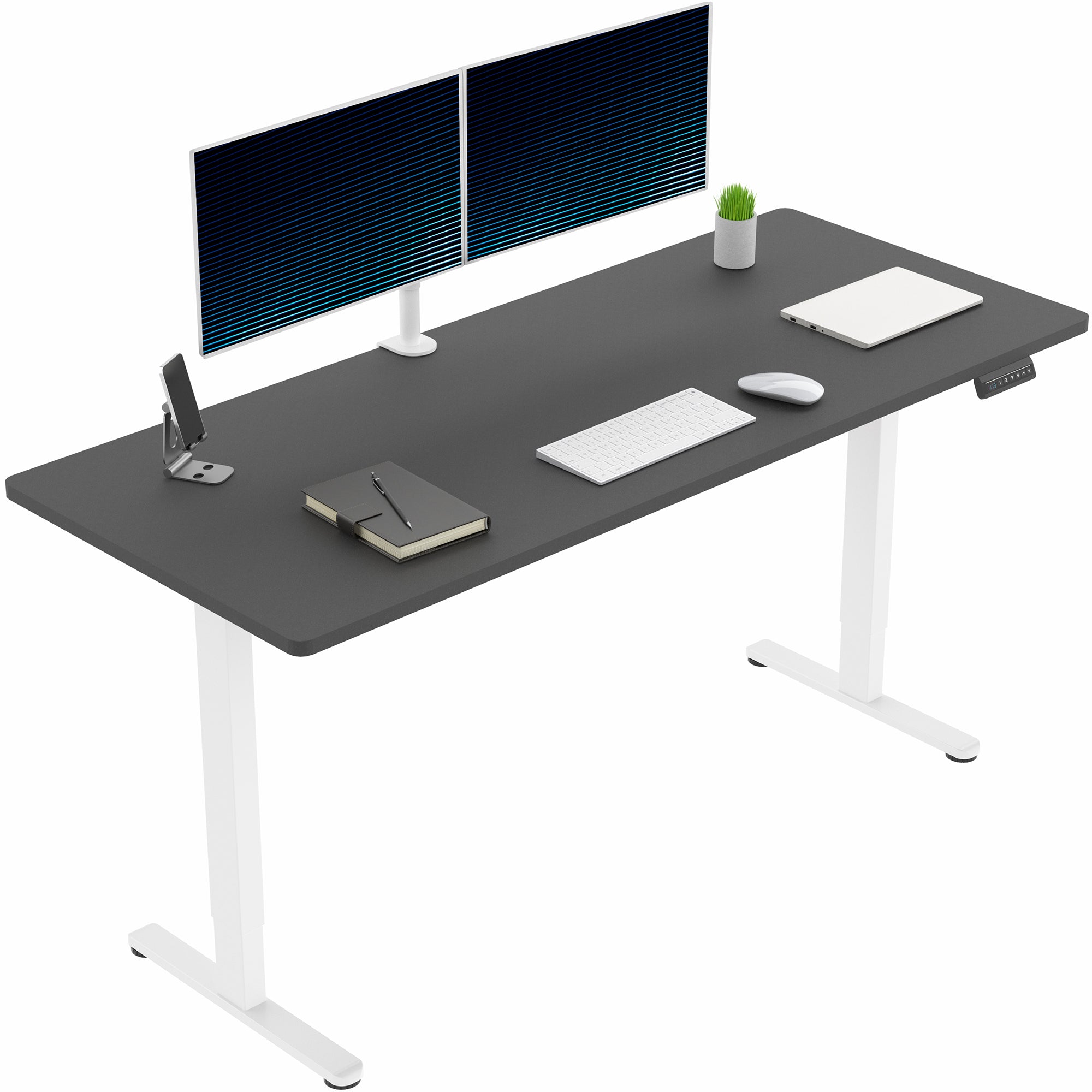 71 x 30 inch dual motor electric desk featuring memory controller height adjustment with memory settings