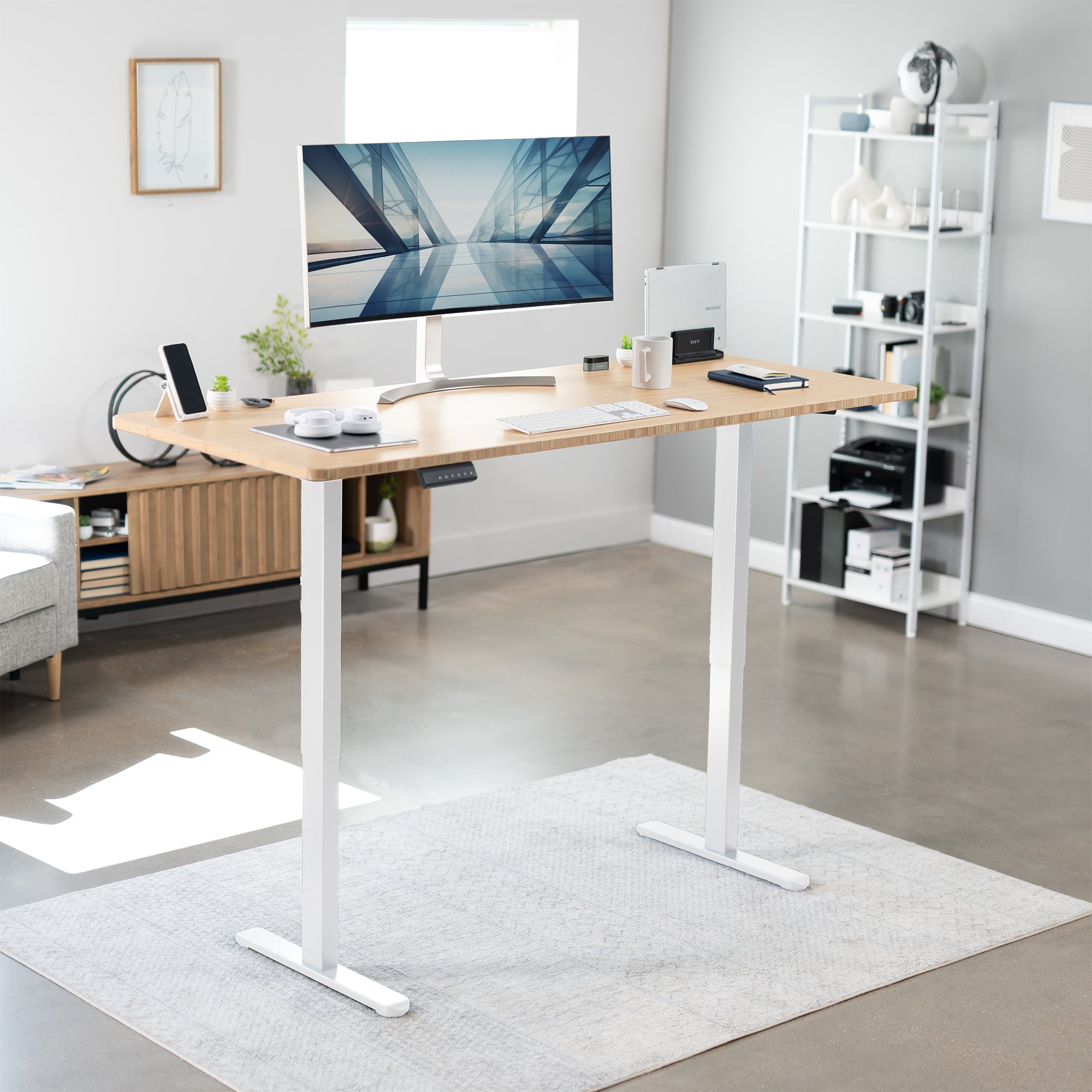 71 x 30 inch real bamboo dual motor electric desk featuring memory controller height adjustment with memory settings