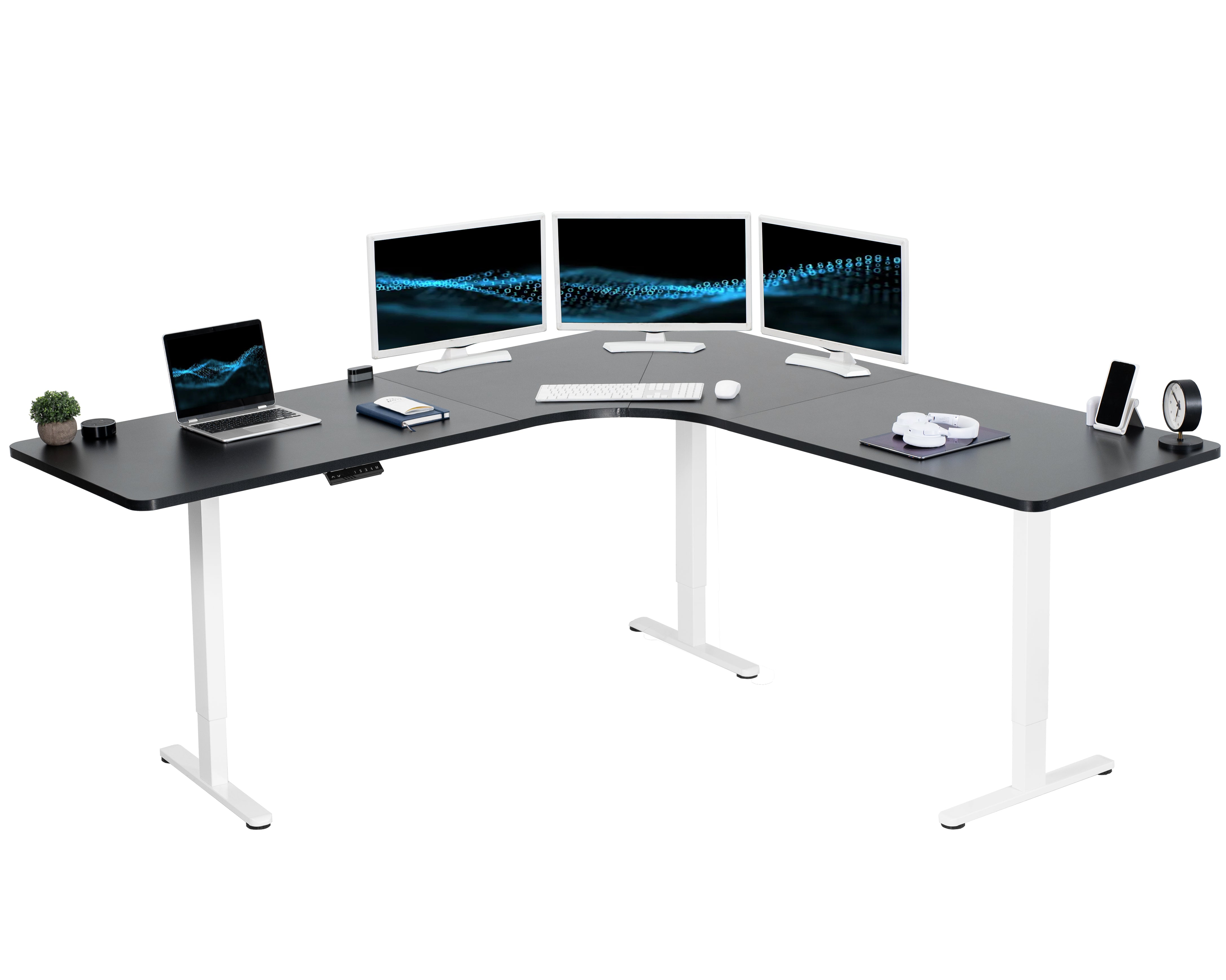 Large heavy-duty electric height adjustable corner desk workstation with programmable memory controller.