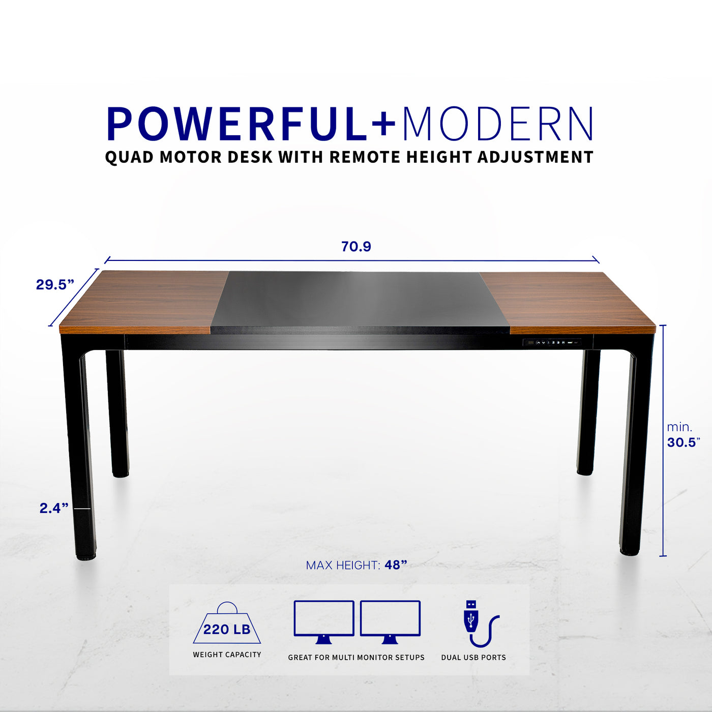 Large modern 71" x 30" quad motor electric height adjustable desk.