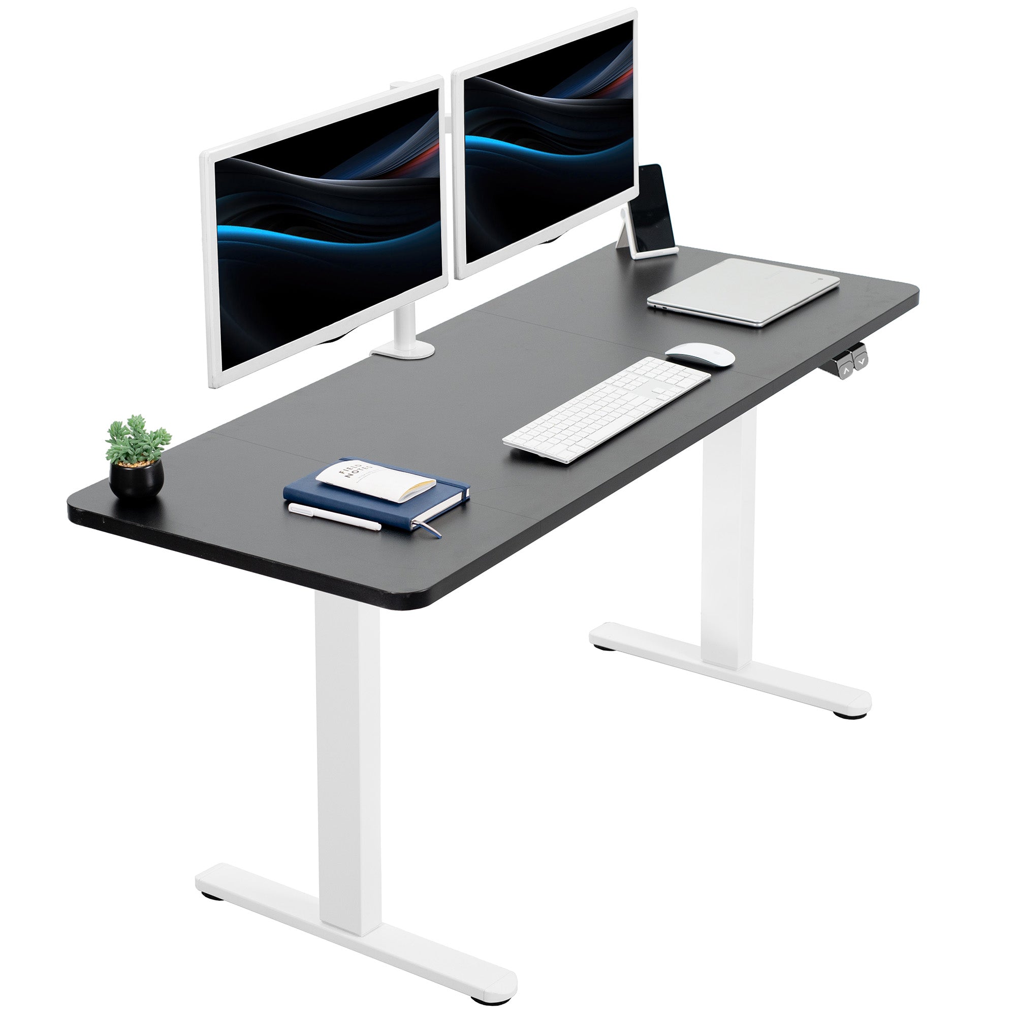 Black desk with white legs, two computer monitors, a keyboard, and mouse on a white background