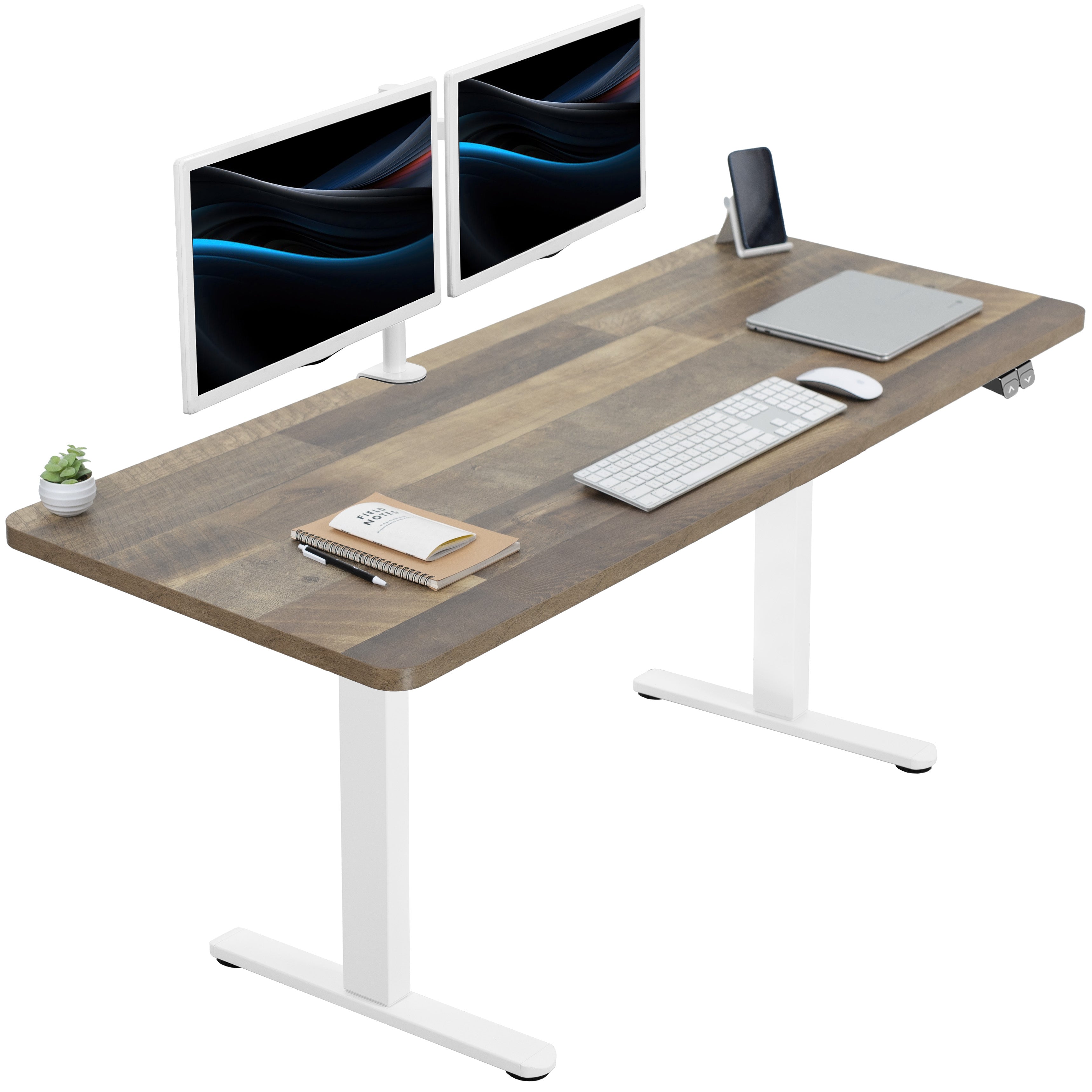 Heavy-duty wood plank pattern electric height adjustable desktop workstation for active sit or stand efficient workspace.