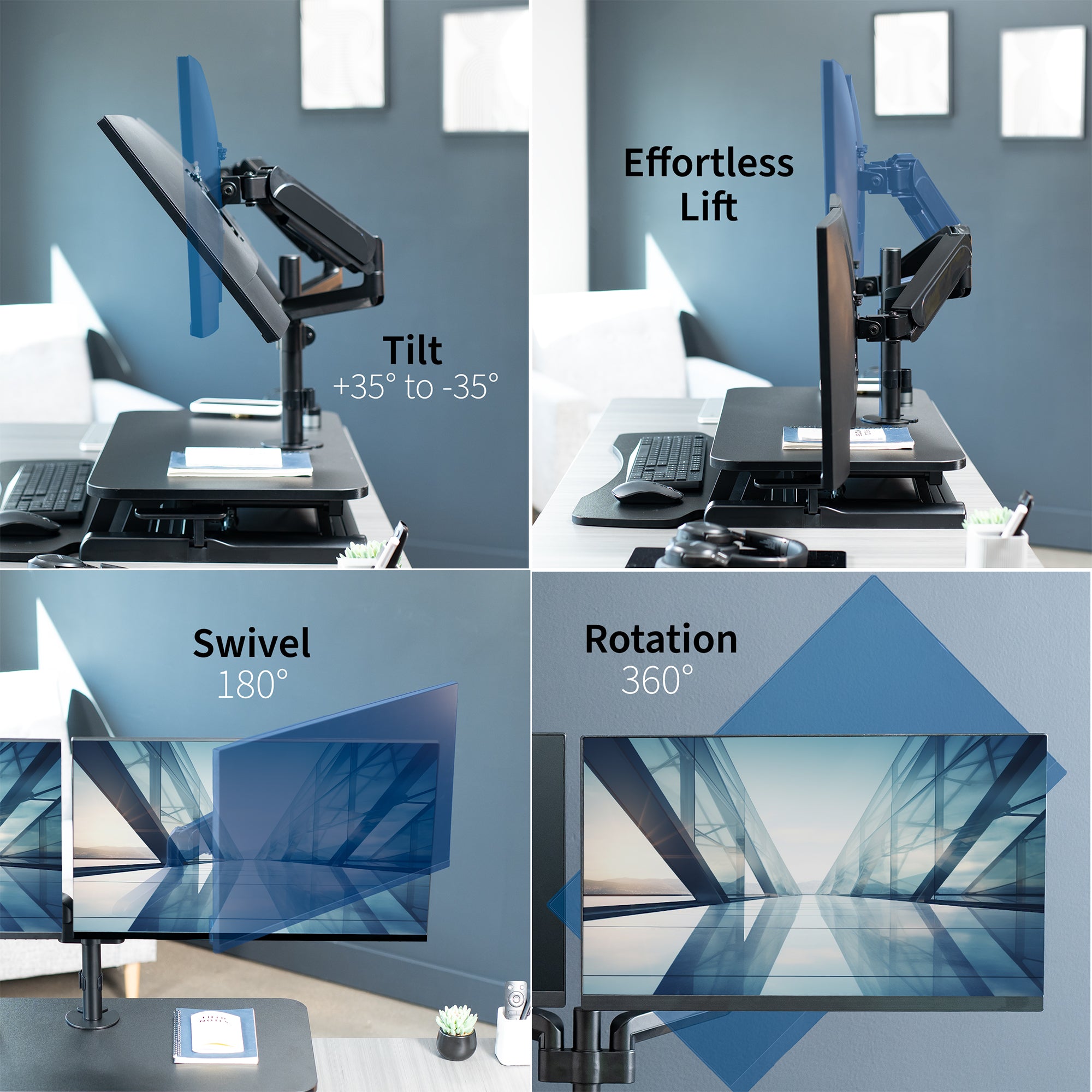 36 inch height adjustable desk riser with articulating pneumatic dual monitor mount.