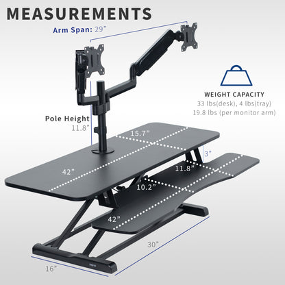 42 inch height adjustable desk riser with articulating pneumatic dual monitor mount.