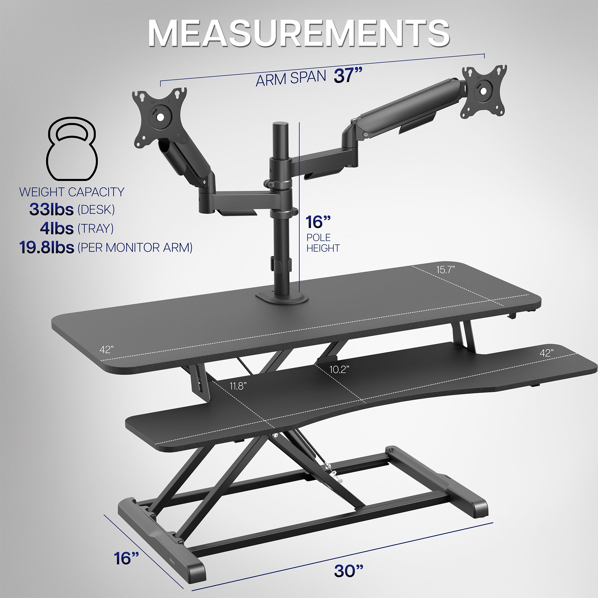 42 inch height adjustable desk riser with articulating mechanical dual monitor mount.