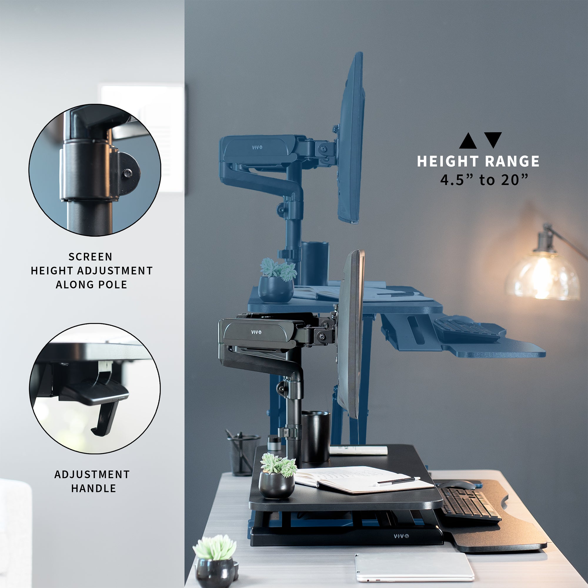 42 inch height adjustable desk riser with articulating pneumatic dual monitor mount.