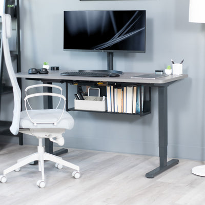 Sleek modern under desk shelf with safety back for flexible convenient storage and organization.