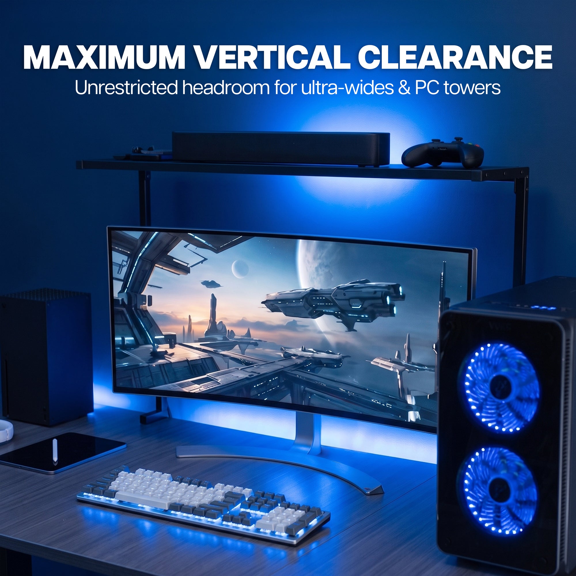 38-inch overhead desk shelf providing vertical clearance for large monitors and gaming computer setups