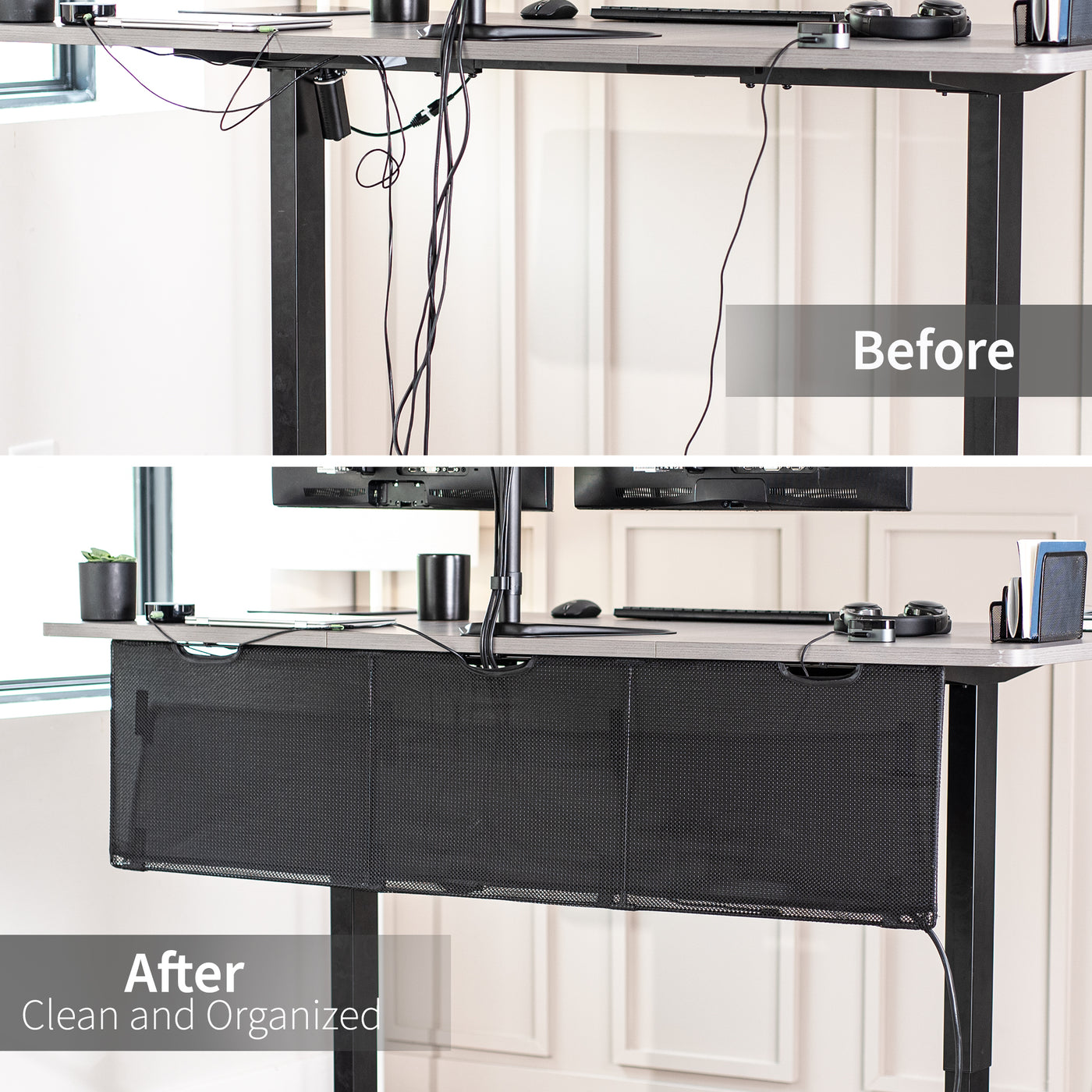 Black Cable Management Desk Organizer helps reduce workspace clutter by routing and concealing cables and power strips.