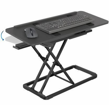 A black tilting keyboard riser with a mouse on top and the ability to adjust the angle of the keyboard surface.