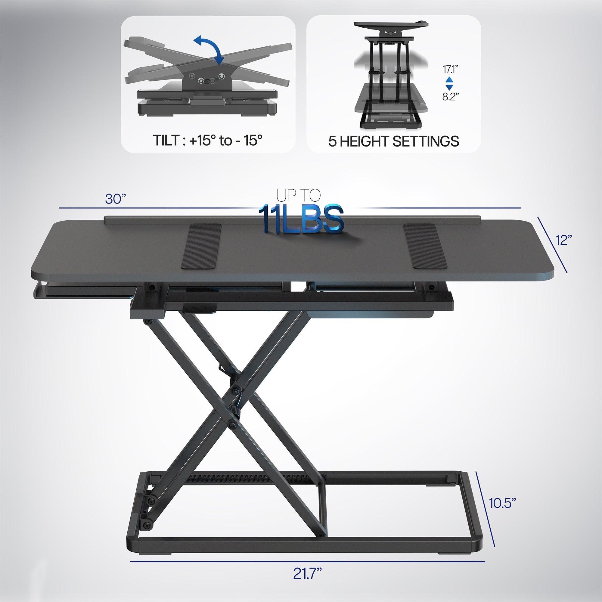 A black tilting keyboard riser with a mouse on top and the ability to adjust the angle of the keyboard surface with measurement icons. 