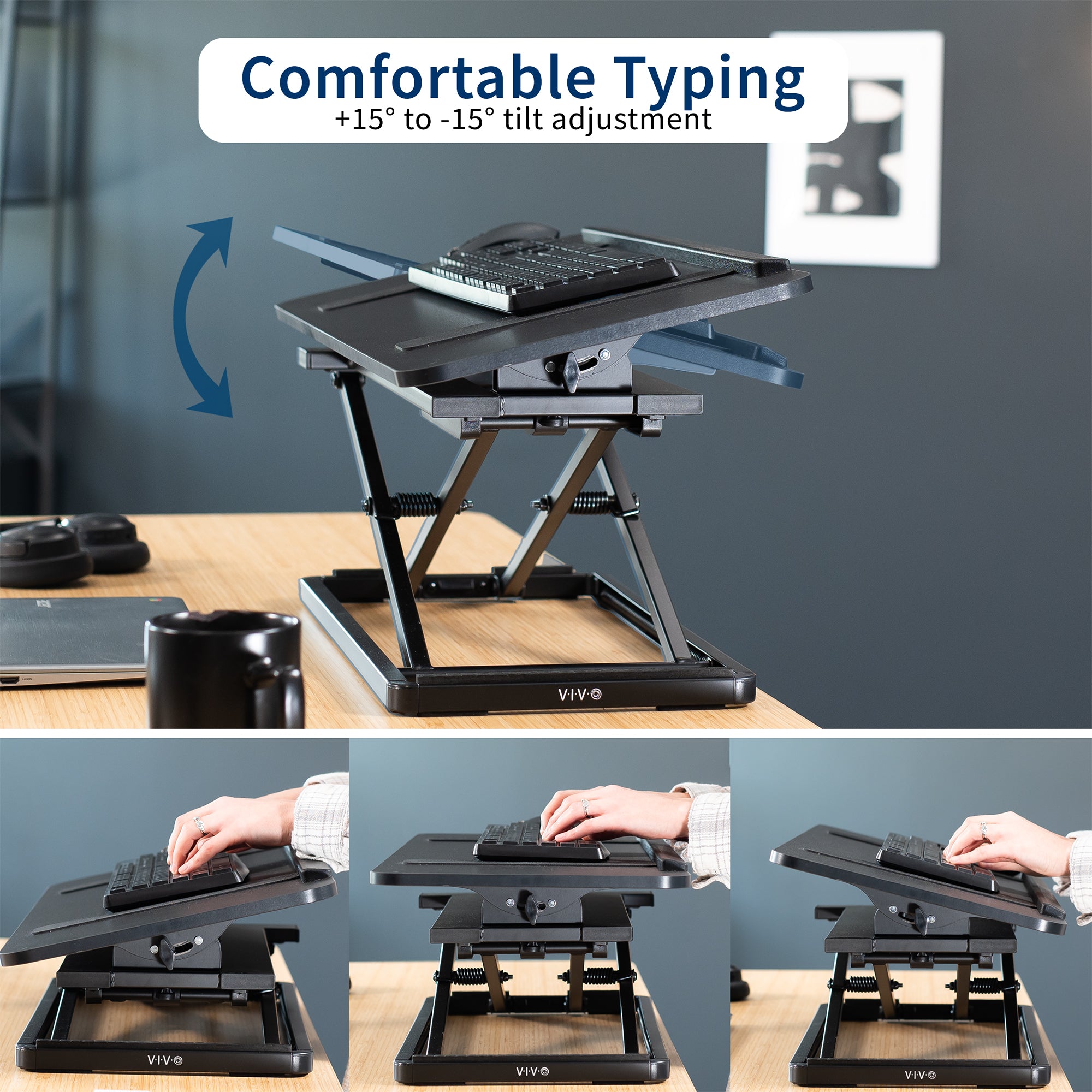 A black tilting keyboard riser with a mouse on top and the ability to adjust the angle of the keyboard surface.
