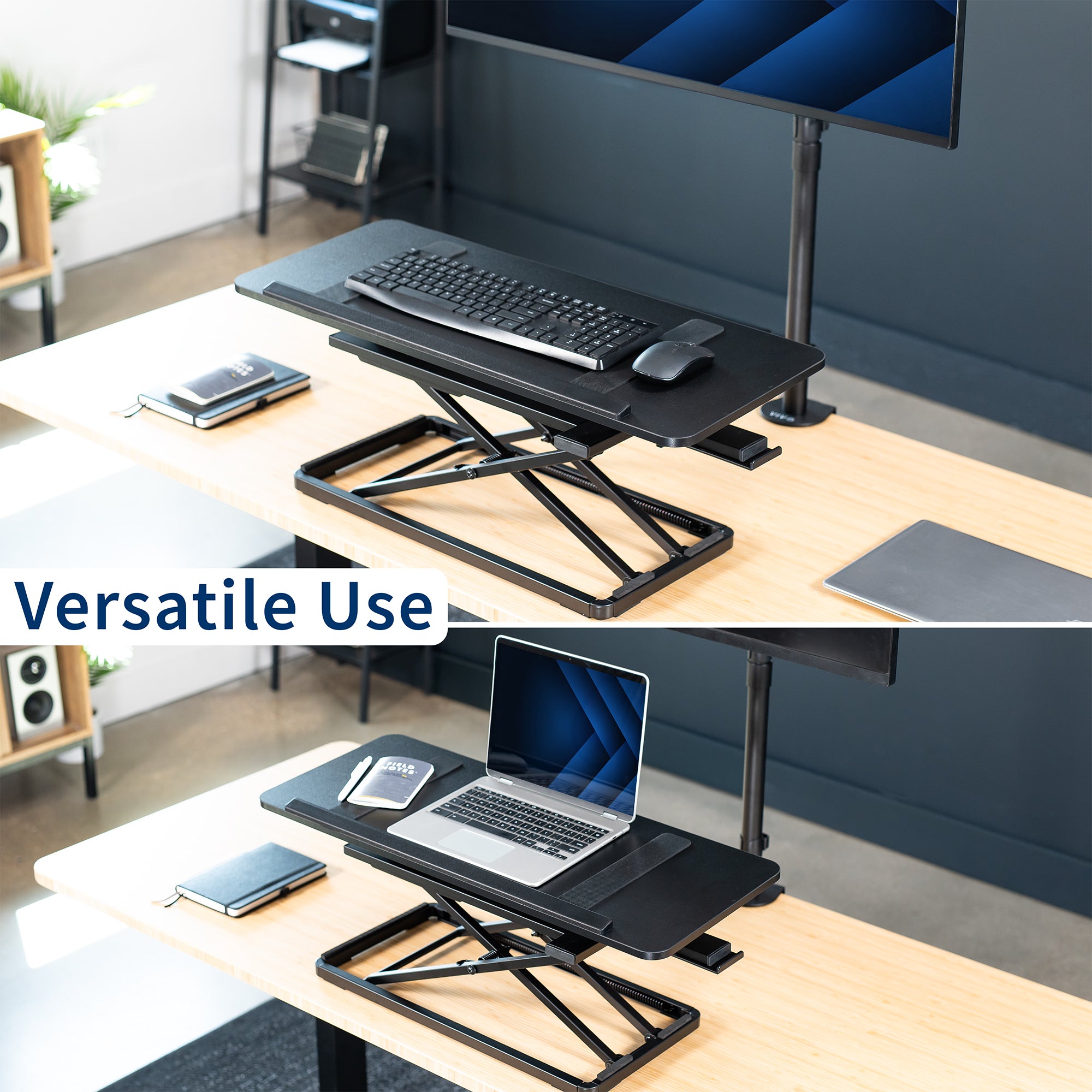 A black tilting keyboard riser with different uses in a modern office. 
