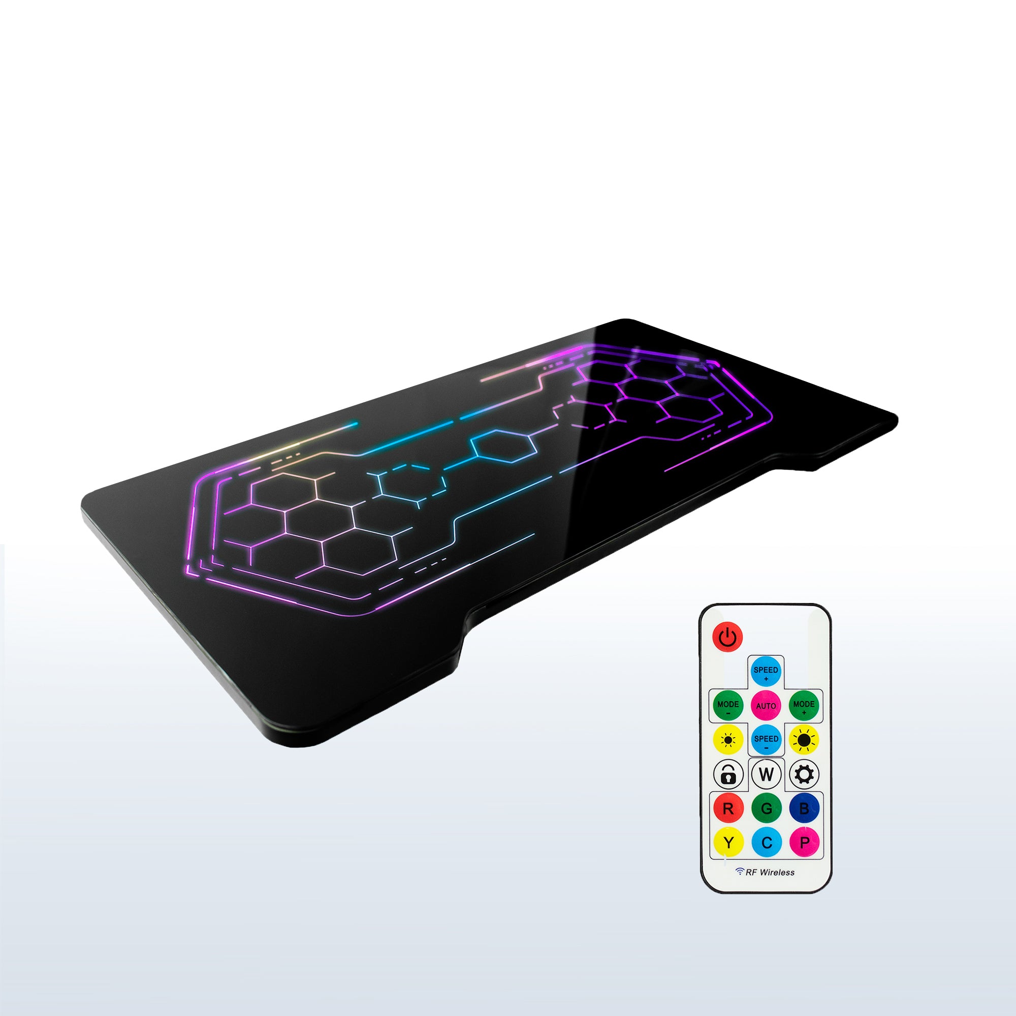 Sturdy RGB lighting gaming tabletop desktop with color changing remote controlled LED lights under tempered glass tabletop surface.