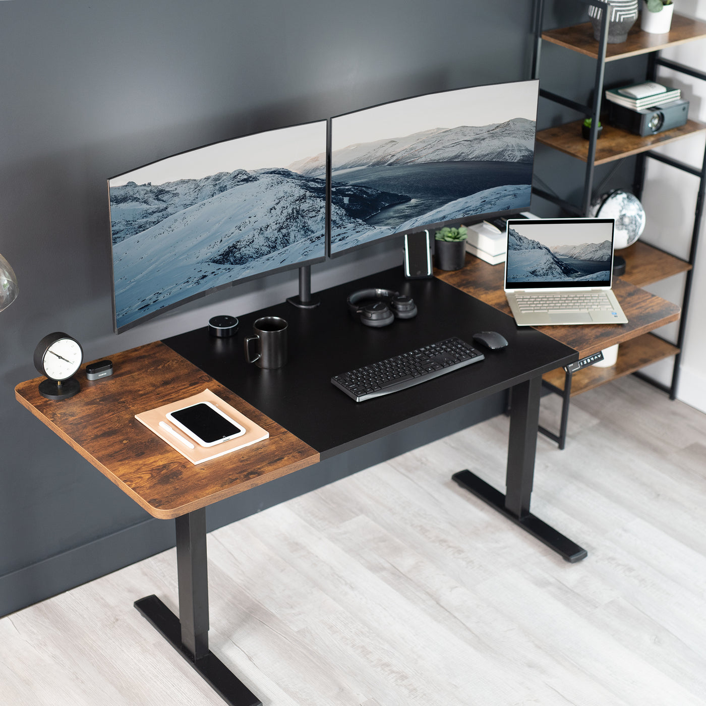 Durable sit to stand desk rustic tabletop workstation with wide surface space.