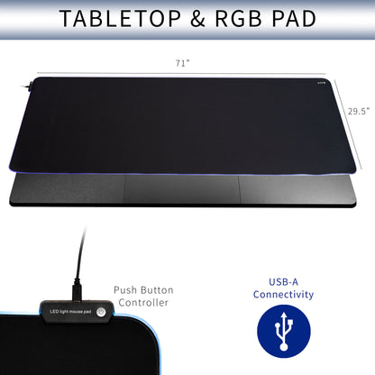 Durable sit to stand desk tabletop workstation with wide surface space and includes full-size LED USB powered RGB pad.