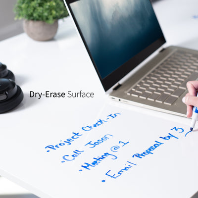 Durable dry erase sit to stand desk tabletop workstation with wide surface space.