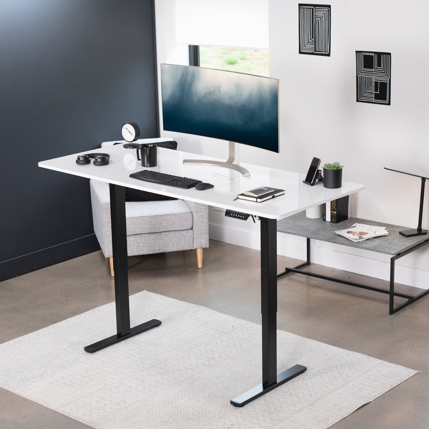 Durable dry erase sit to stand desk tabletop workstation with wide surface space.
