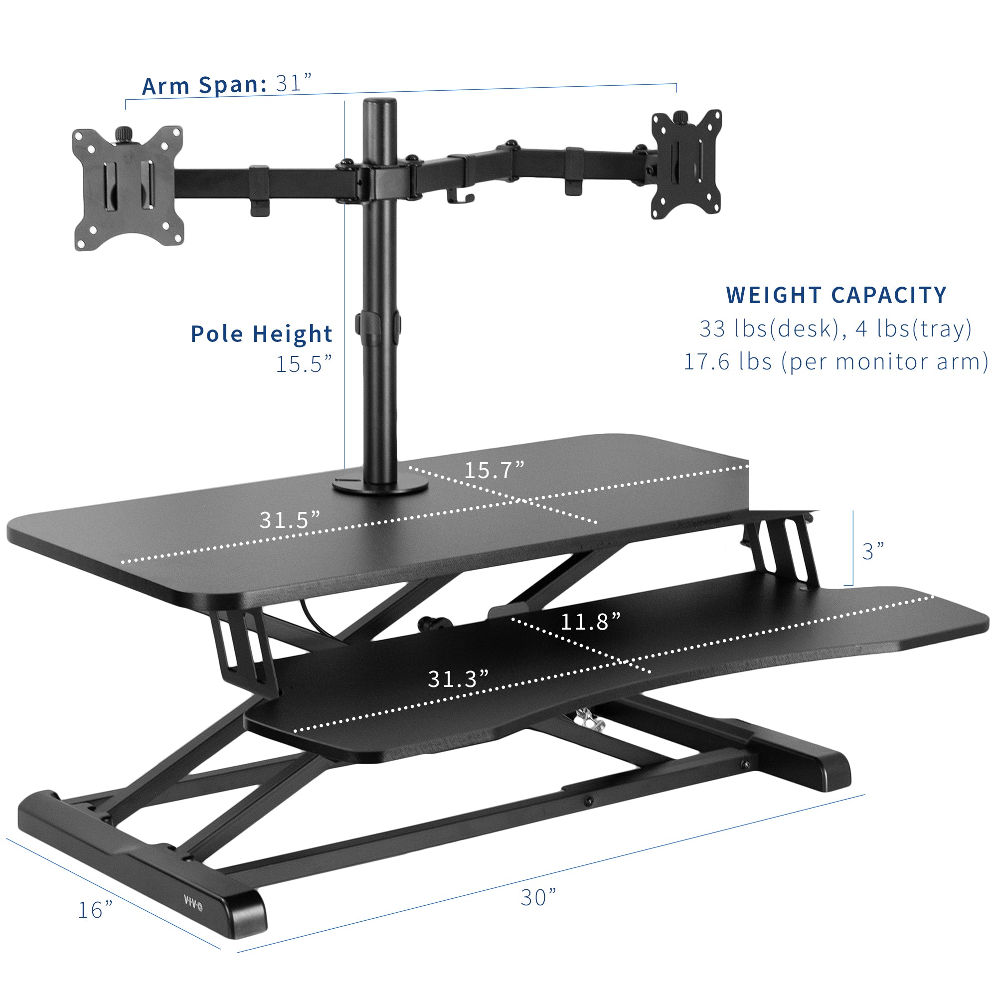 Sturdy height adjustable desk converter with articulating dual monitor mount.