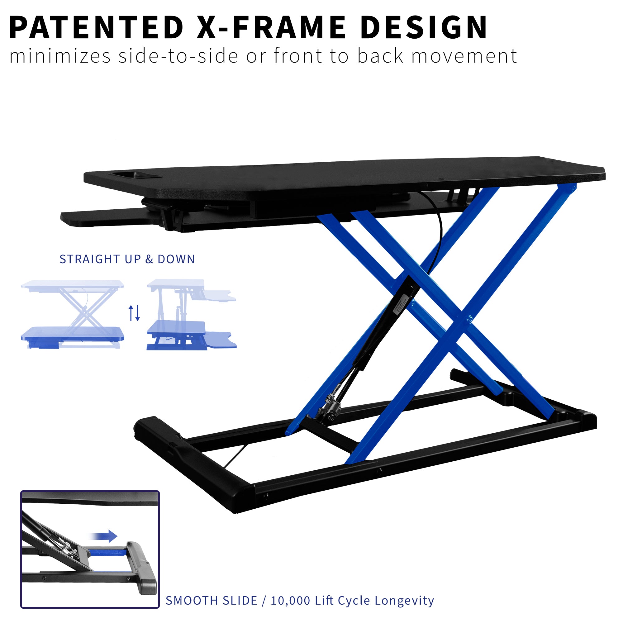 Heavy-duty height adjustable desk converter monitor riser with 2 tiers.