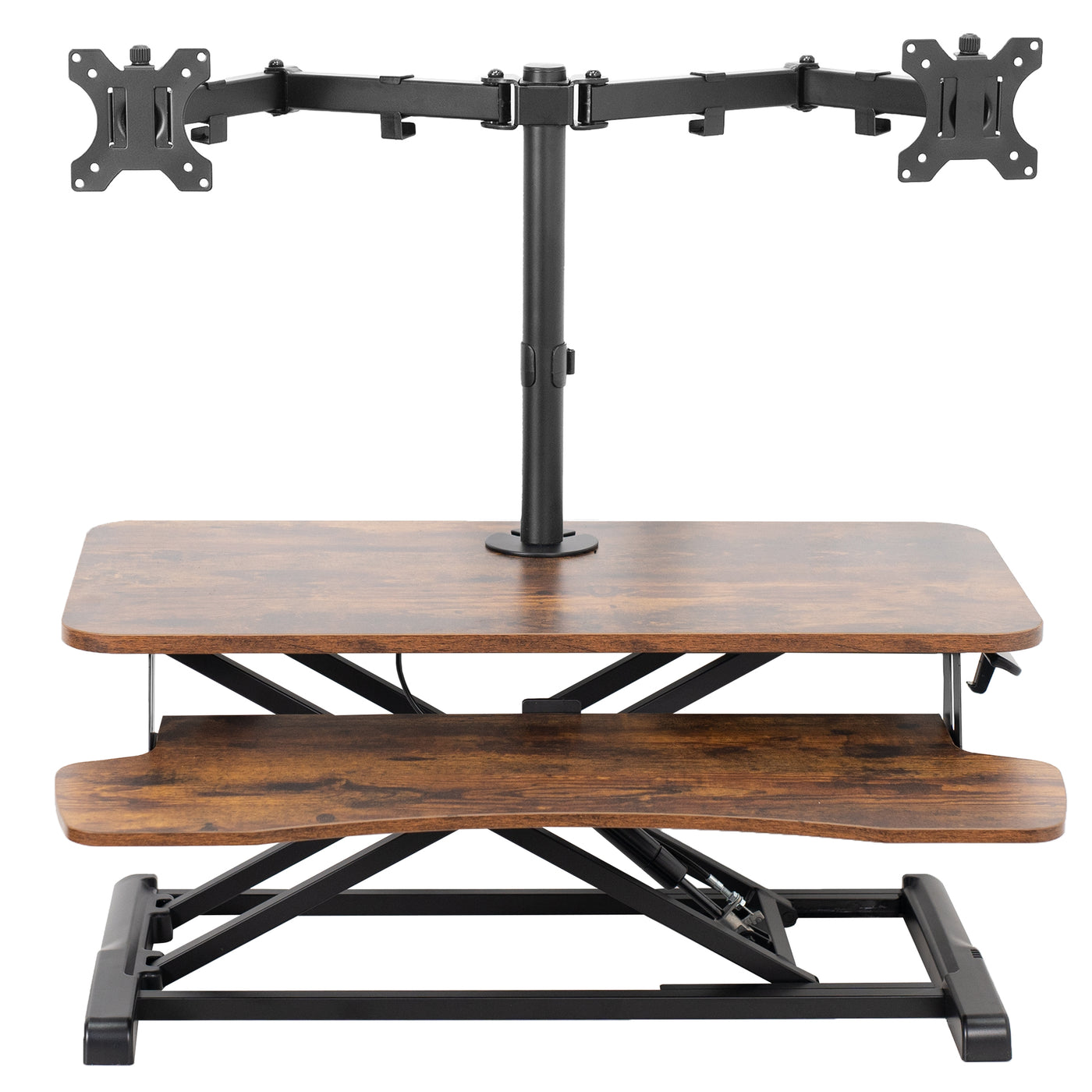 Rustic, sturdy height adjustable desk converter with articulating dual monitor mount.