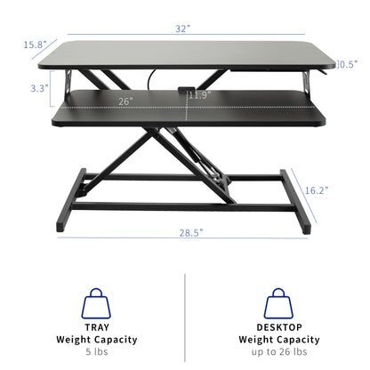 Heavy-duty height adjustable desk converter monitor riser with 2 tiers.