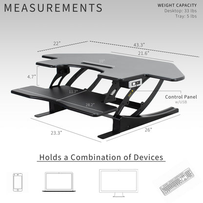 Heavy-duty height adjustable corner desk converter monitor riser with 2 tiers.