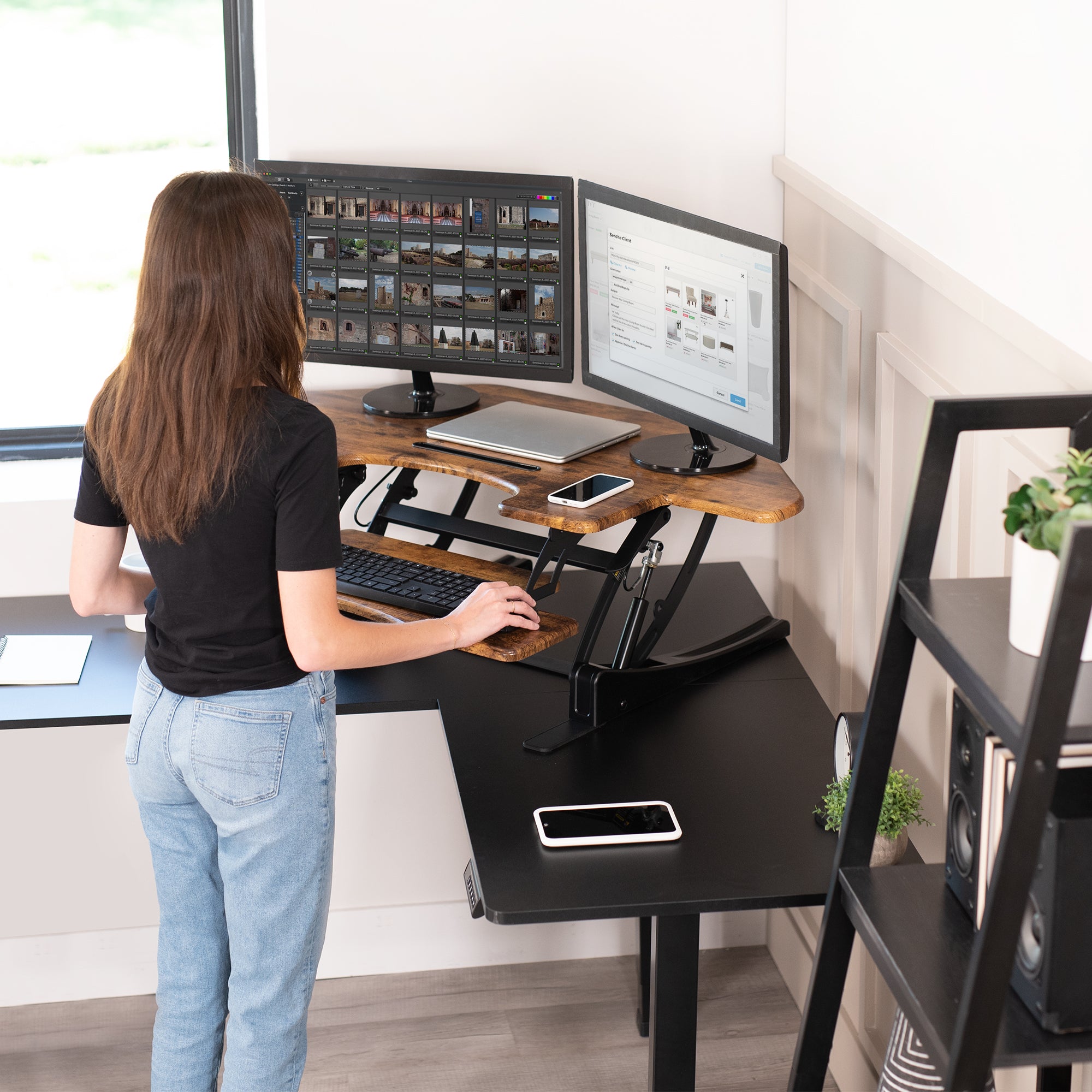 Heavy-duty, rustic, height adjustable corner desk converter monitor riser with 2 tiers.