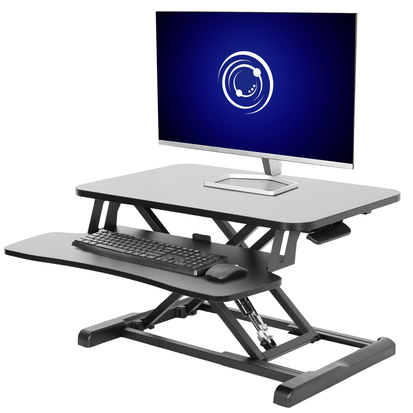 Sturdy height adjustable 2-tiered desk riser for ergonomic office workstation.