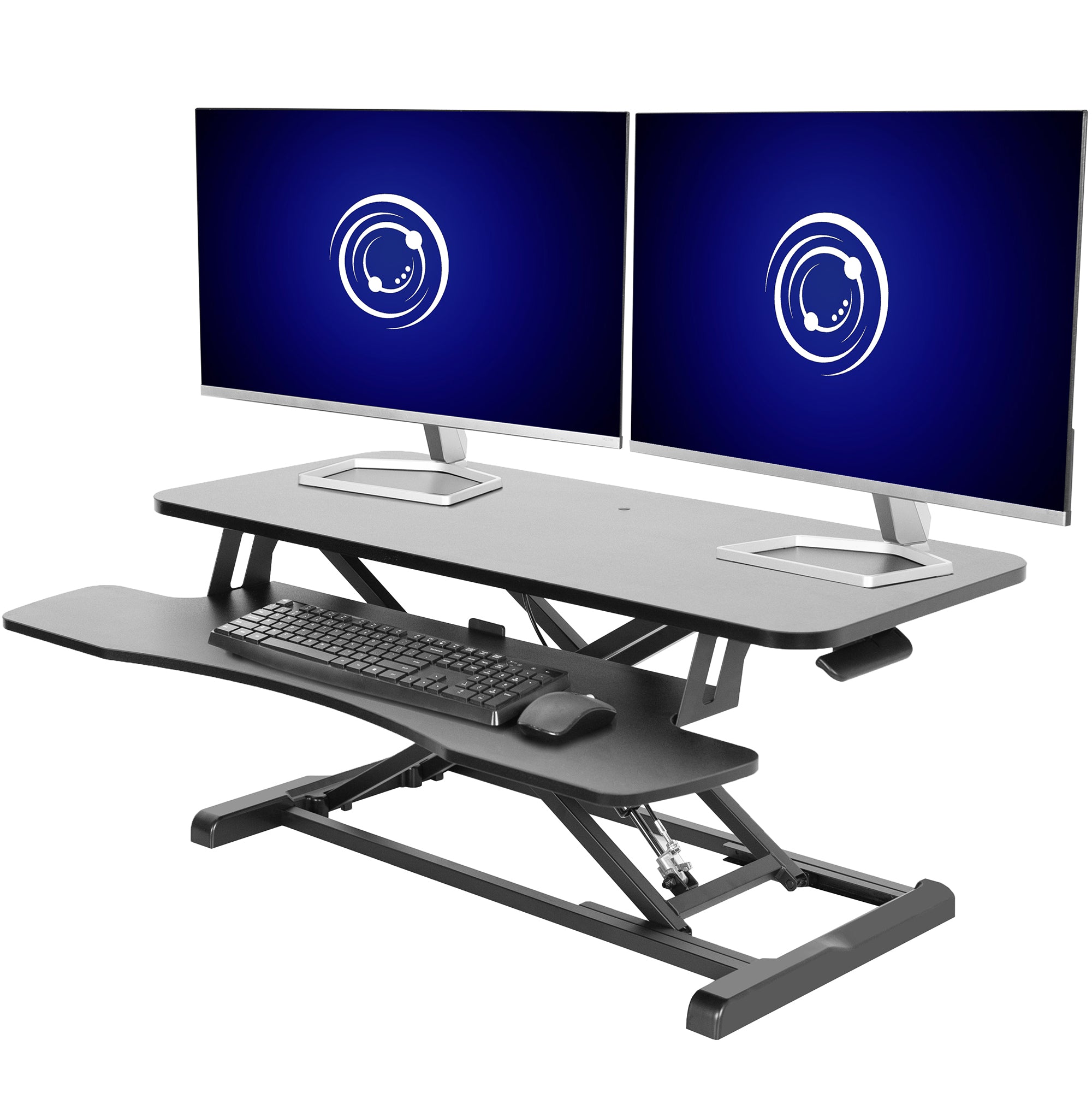 Sturdy height adjustable 2-tiered desk riser for ergonomic office workstation.