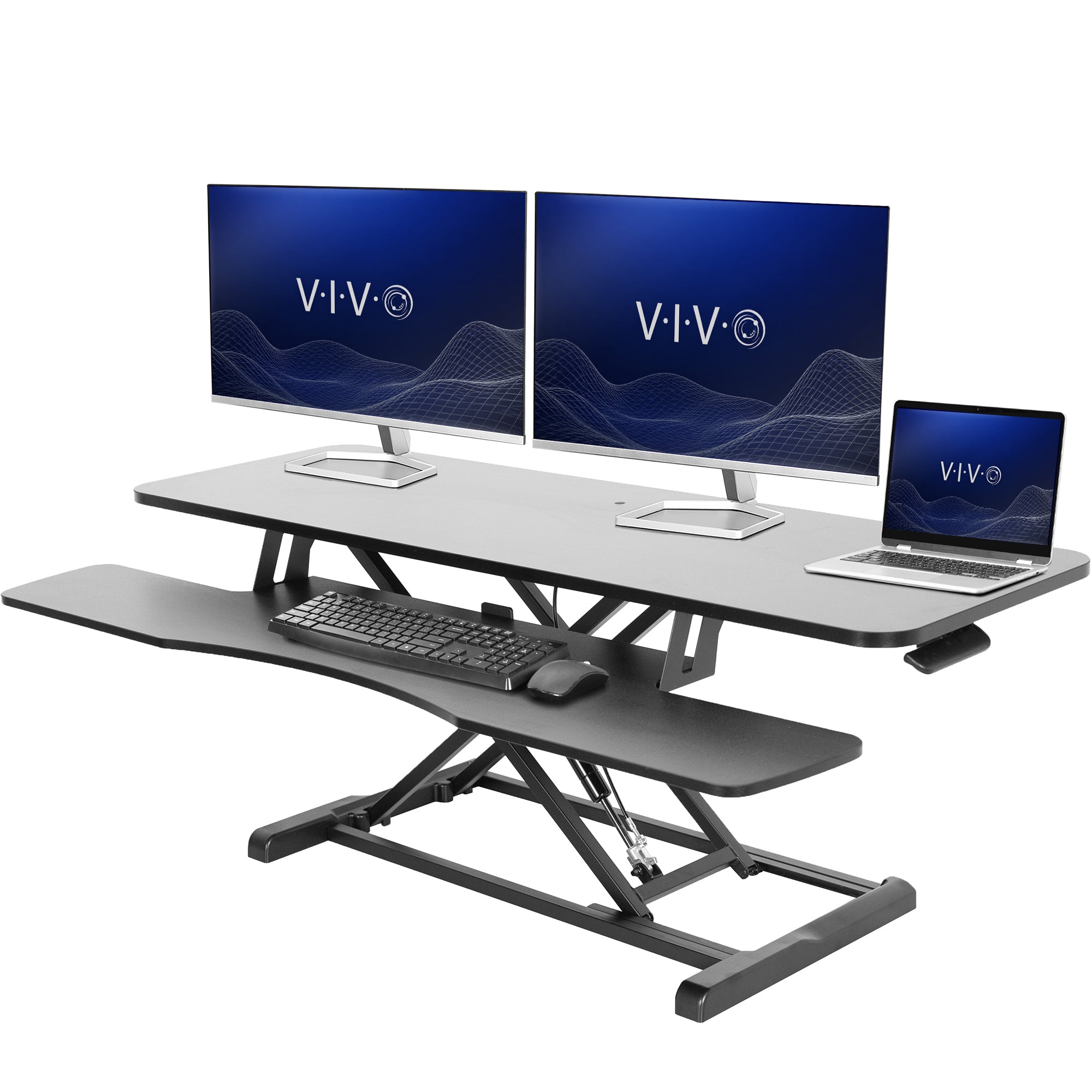 Sturdy height adjustable 2-tiered desk riser for ergonomic office workstation.