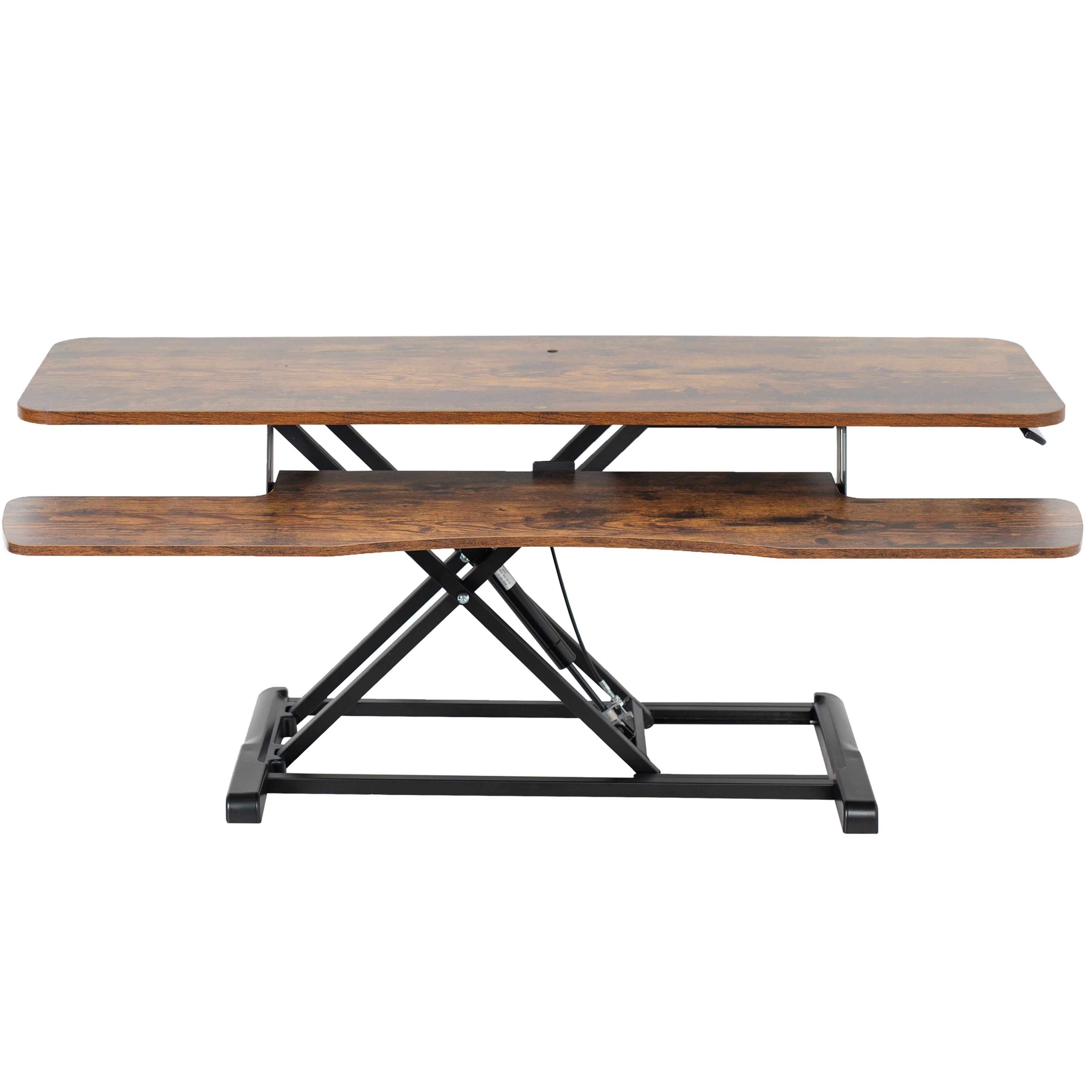 Sturdy height adjustable 2-tiered rustic desk riser for ergonomic office workstation.