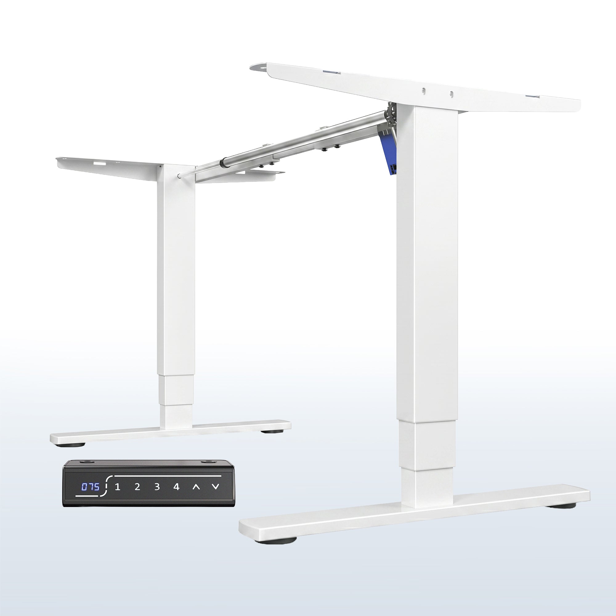 Heavy-duty sit or stand desk frame with adjustable height using touch screen control panel.