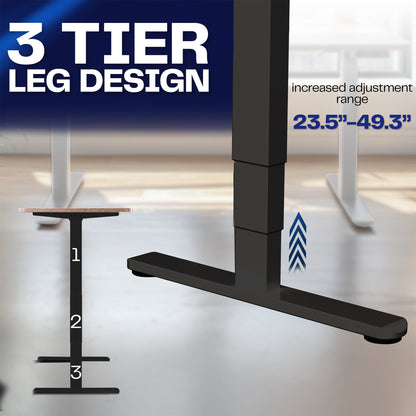 Sit or stand on demand throughout the busy day with this solid frame featuring dual thermal motors and 3-stage telescopic height adjustment.
