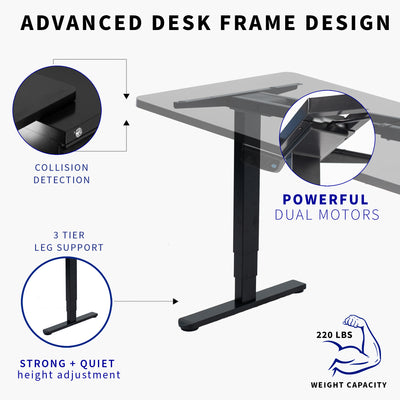 Sit or stand on demand throughout the busy day with this solid frame featuring dual thermal motors and 3-stage telescopic height adjustment.