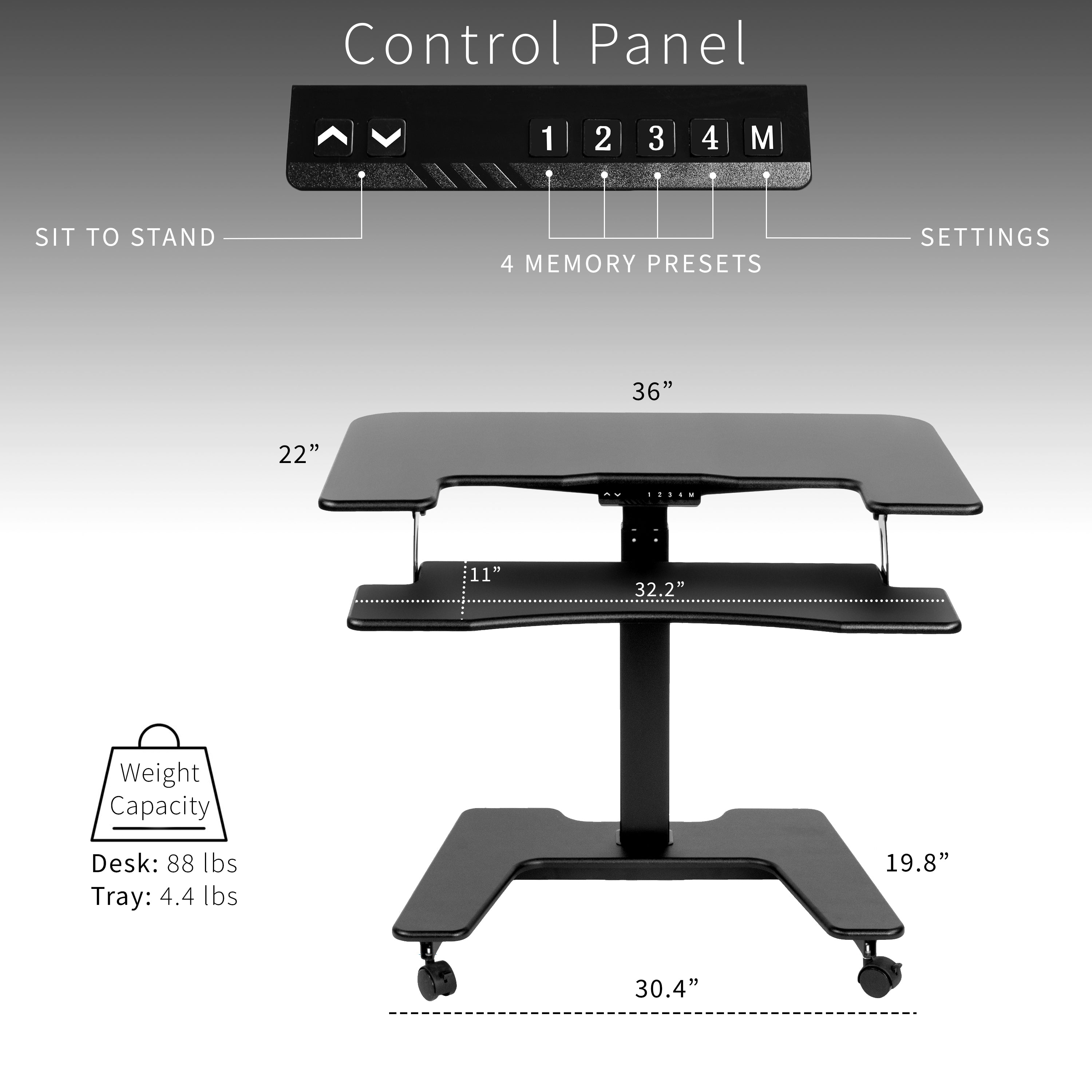 Electric mobile compact desk provides a height adjustable workstation for home or the office, featuring a 2 tier design for your screen and keyboard tray.