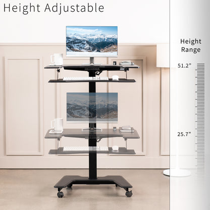 Electric mobile compact desk provides a height adjustable workstation for home or the office, featuring a 2 tier design for your screen and keyboard tray.