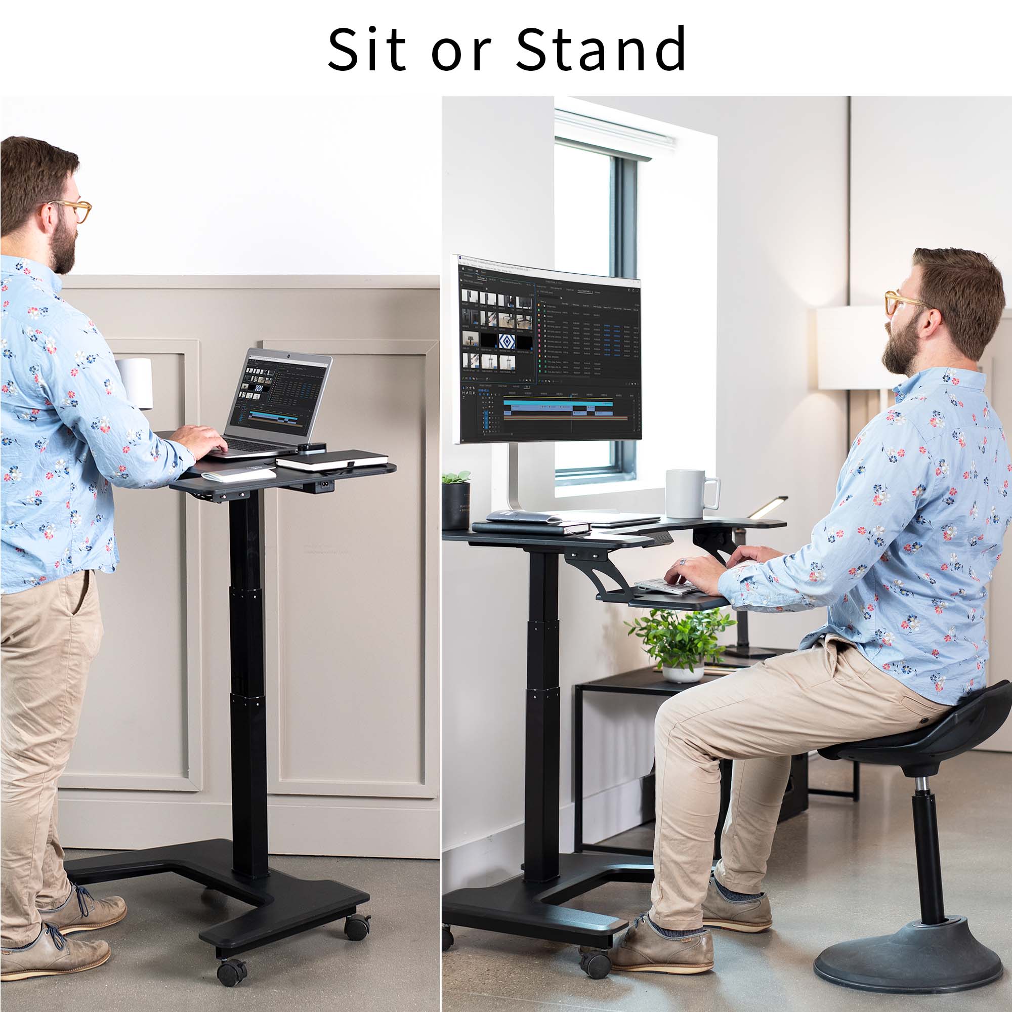 Electric mobile compact desk provides a height adjustable workstation for home or the office, featuring a 2 tier design for your screen and keyboard tray.