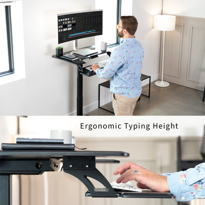 Electric mobile compact desk provides a height adjustable workstation for home or the office, featuring a 2 tier design for your screen and keyboard tray.