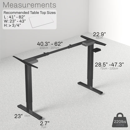 Measurements of dual motor desk frame.