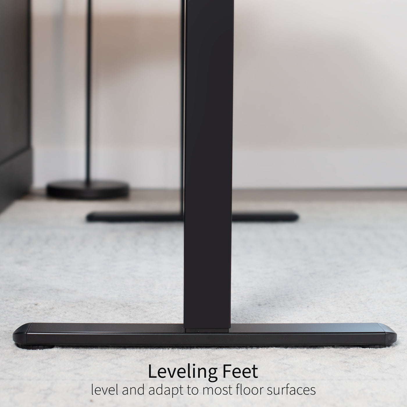 Leveling feet of the desk frame allows for the perfect level set up in any space or on the carpet.