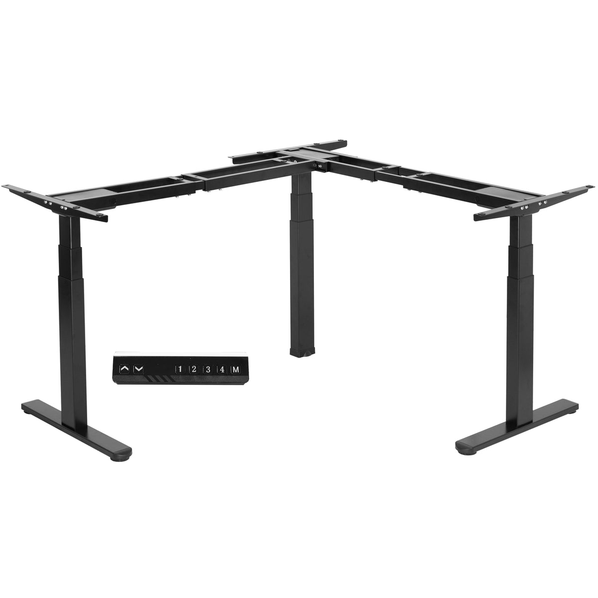 Black, adjustable, l-shaped desk frame on a white background