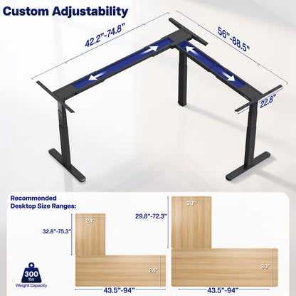 L-shaped desk frame on a white background with dimensions and specifications