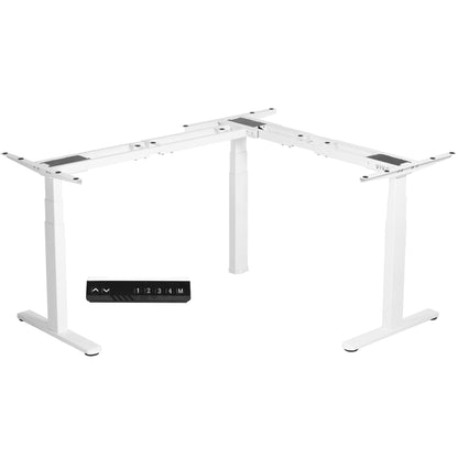 Heavy-duty electric height adjustable corner desk frame for active sit or stand efficient workspace.