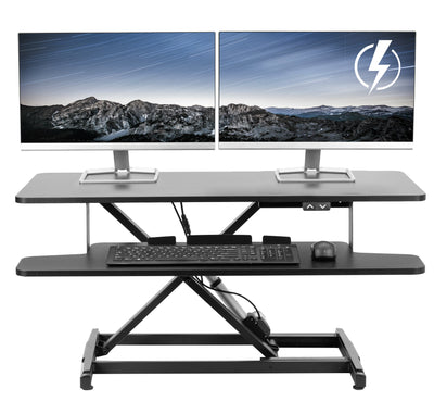 Electric Motor Desk Converter, Height Adjustable Riser, Sit to Stand Dual Monitor and Laptop Workstation with Wide Keyboard Tray