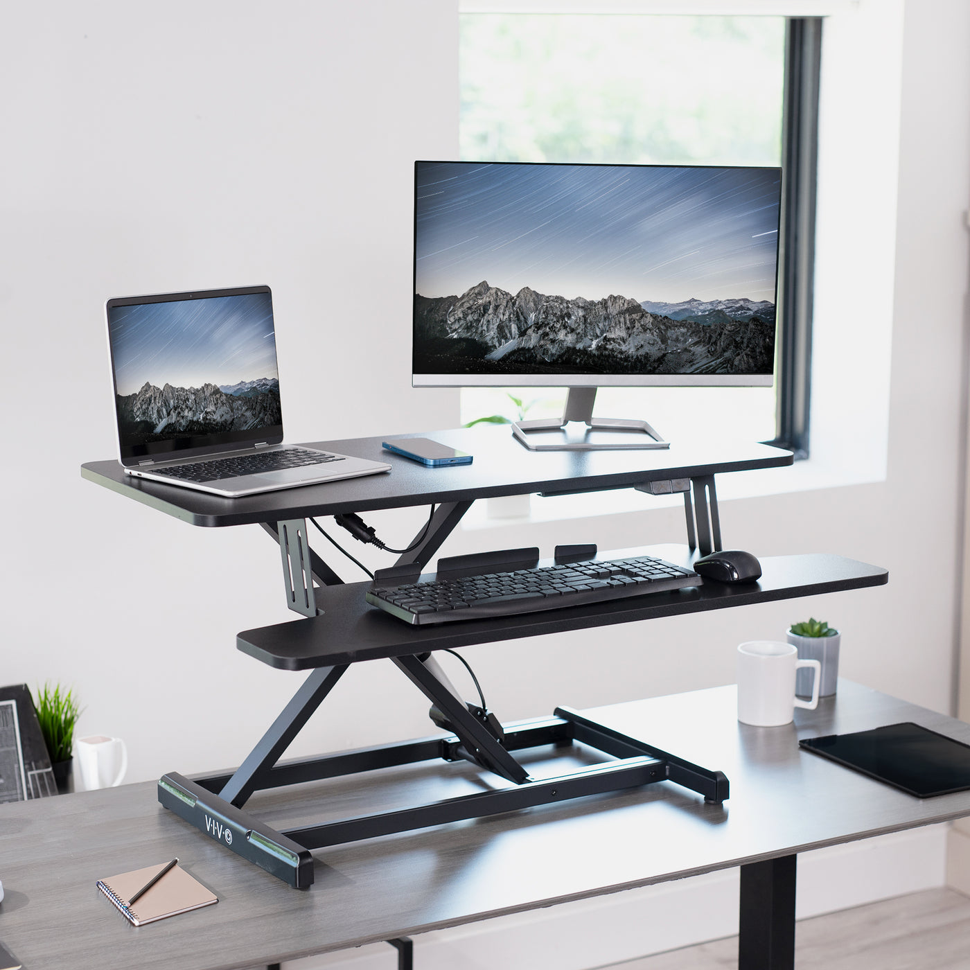 Electric Motor Desk Converter, Height Adjustable Riser, Sit to Stand Dual Monitor and Laptop Workstation with Wide Keyboard Tray