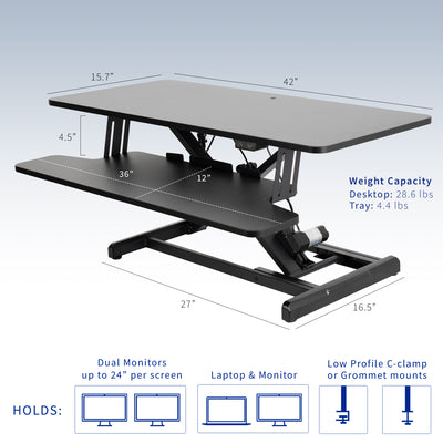 Electric Motor Desk Converter, Height Adjustable Riser, Sit to Stand Dual Monitor and Laptop Workstation with Wide Keyboard Tray