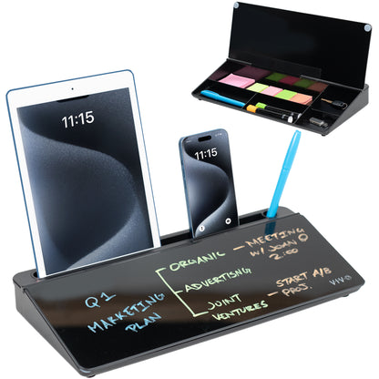 Convenient desktop whiteboard with storage drawers for organized workspace.